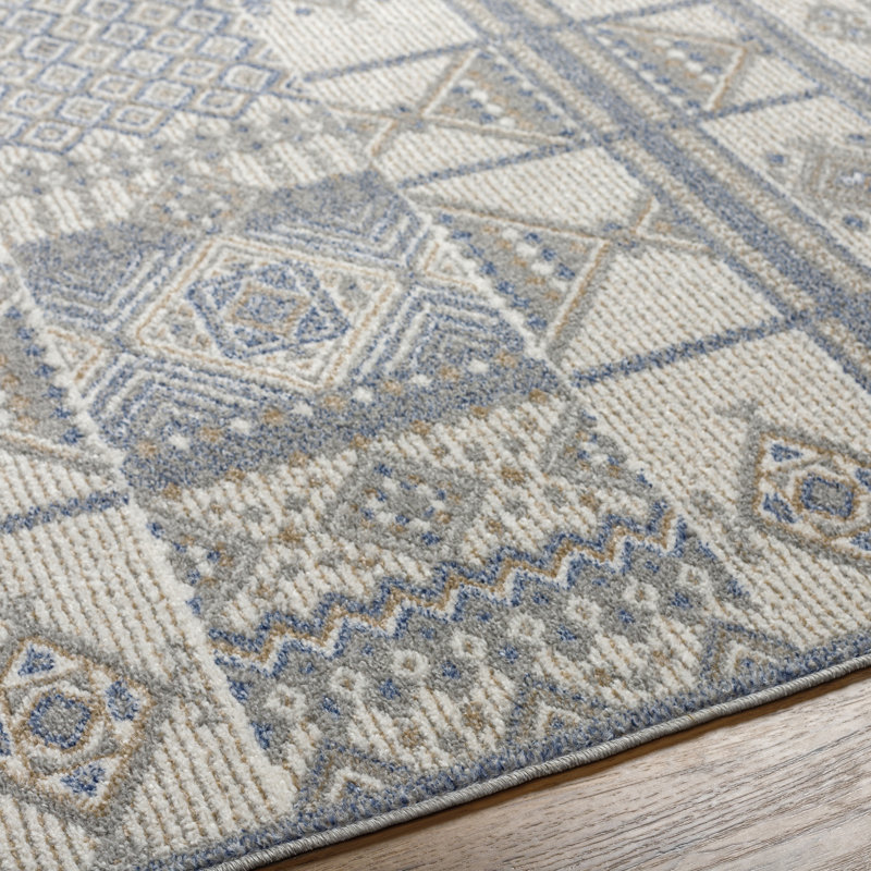 Rectangle Geometric Machine Woven Polypropylene Area Rug in Blue, Rectangle 5'3" x 7'