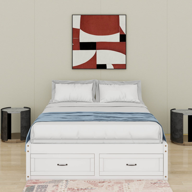 Grand lit plateforme avec tiroirs, Blanc antique