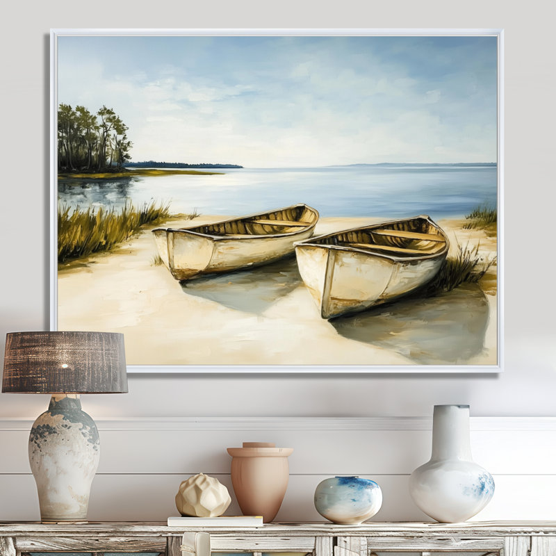 Deux canots au repos - Impression sur toile sur le lac beige, H 34 po x l 44 po, Cadre flottant blanc