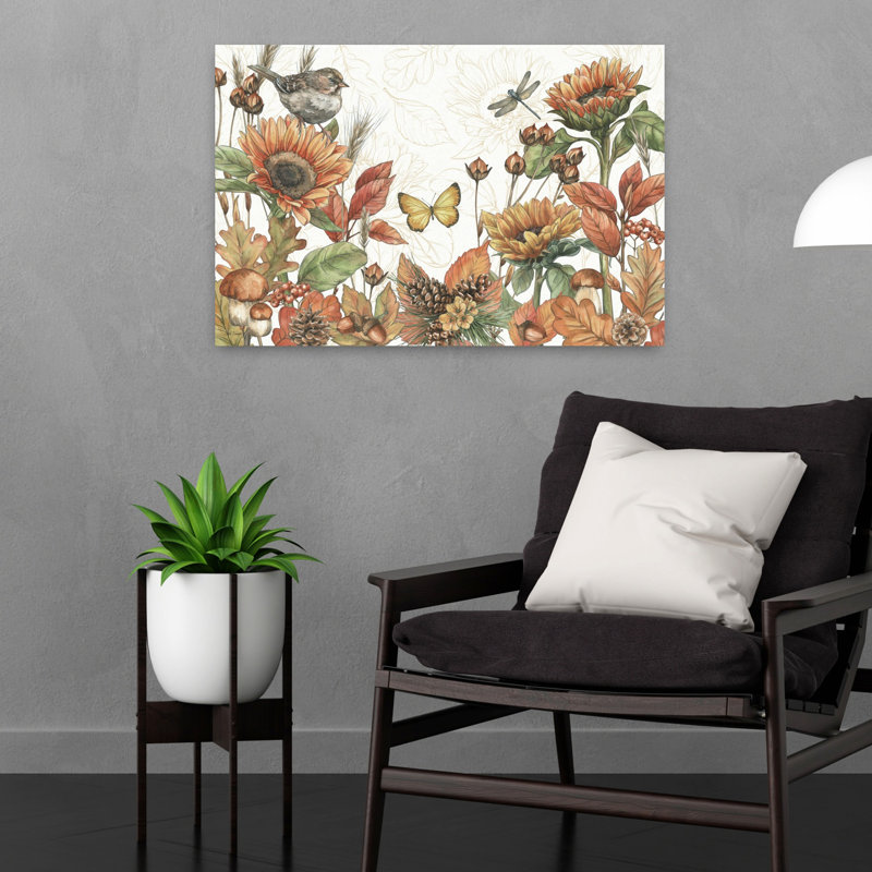 «Harvest Home I Abstract», papillon et libellule contemporain, art floral d'automne, H 24 po x l 16 po