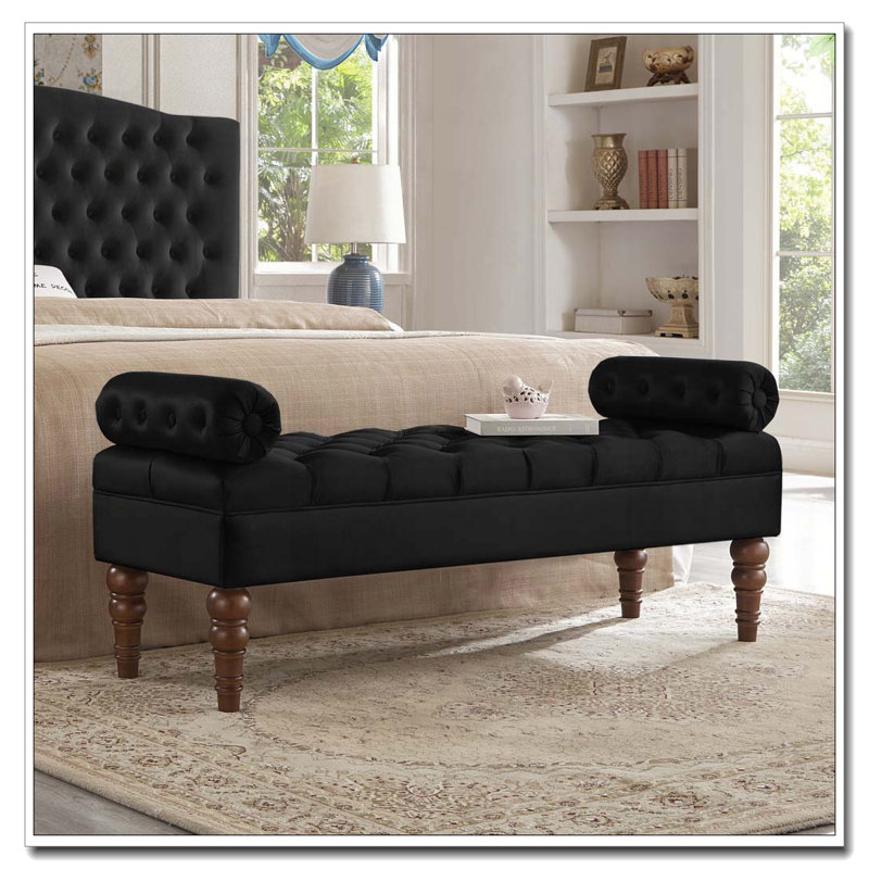 Velvet Long bed Bench for Bedroom,Upholstered Window Bench with Tufted Button,Entryway Bench,Bolster Bench for Living Room-Black
