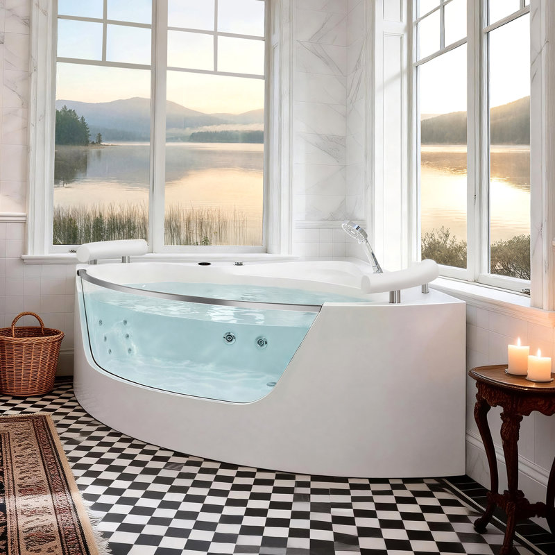 59" Corner Whirlpool Bathtub Hydrotherapy Tub with 16 Jets, Rainbow LED Light