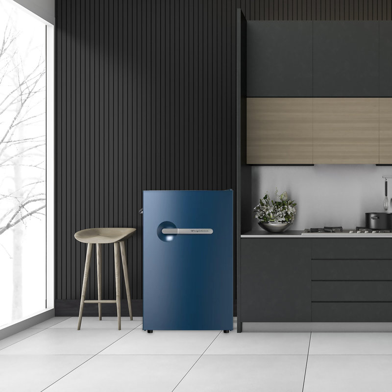 Frigidaire Pi. Réfrigérateur compact rétro avec compartiment réfrigérateur, mini réfrigérateur avec ouvre-bouteille latéral intégré, azur
