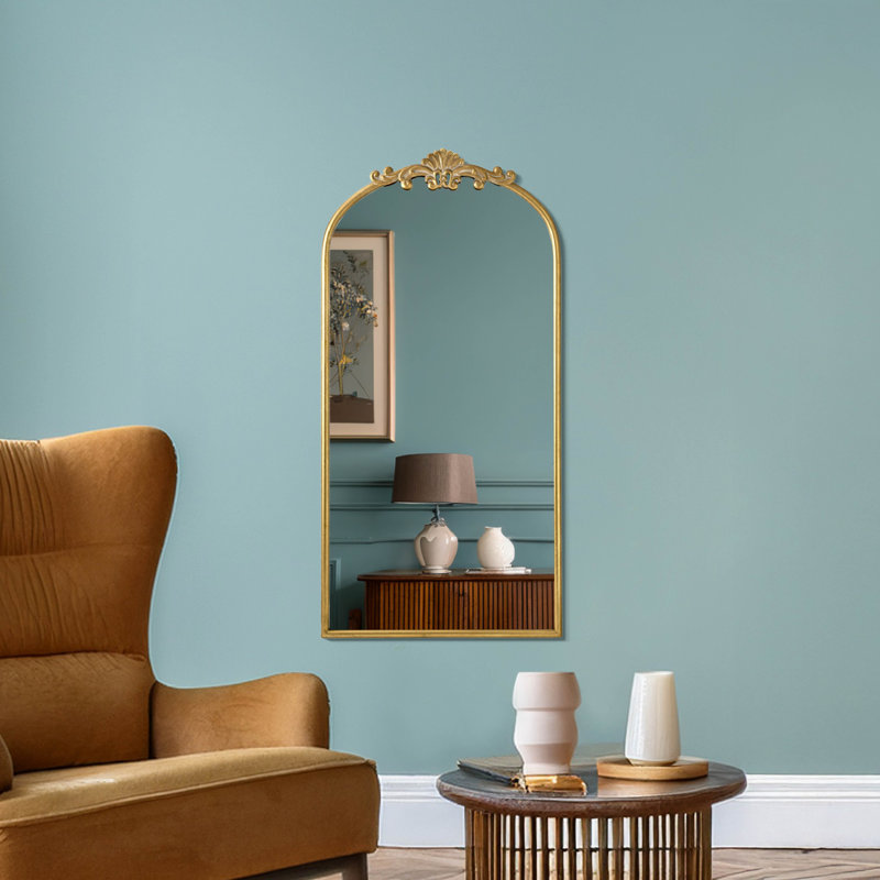42x21" Antique Gold Ornate Metal Arched Framed Decorative Filigree Accent Wall Mirror for Bedroom, Entryway, Living Room, Bathroom Vanity