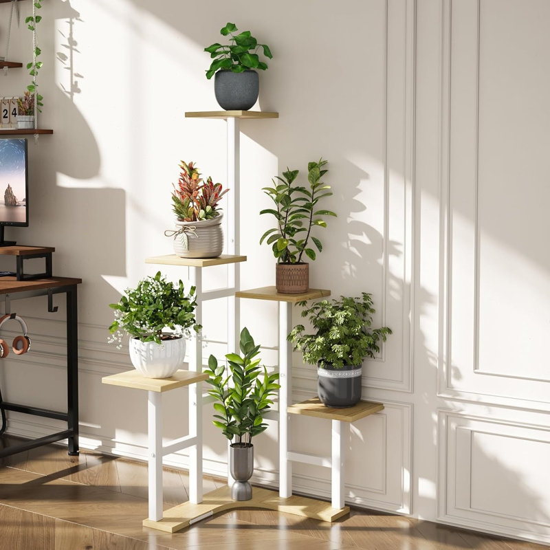 Étagère d'angle pour plantes d'intérieur à 6 niveaux, support pour plusieurs plantes, chêne blanc