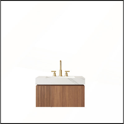 Meuble-lavabo flottant 30 po avec tiroir, porte et plateau en pierre de frêne blanc Carrara pré-assemblé, grain de bois brun