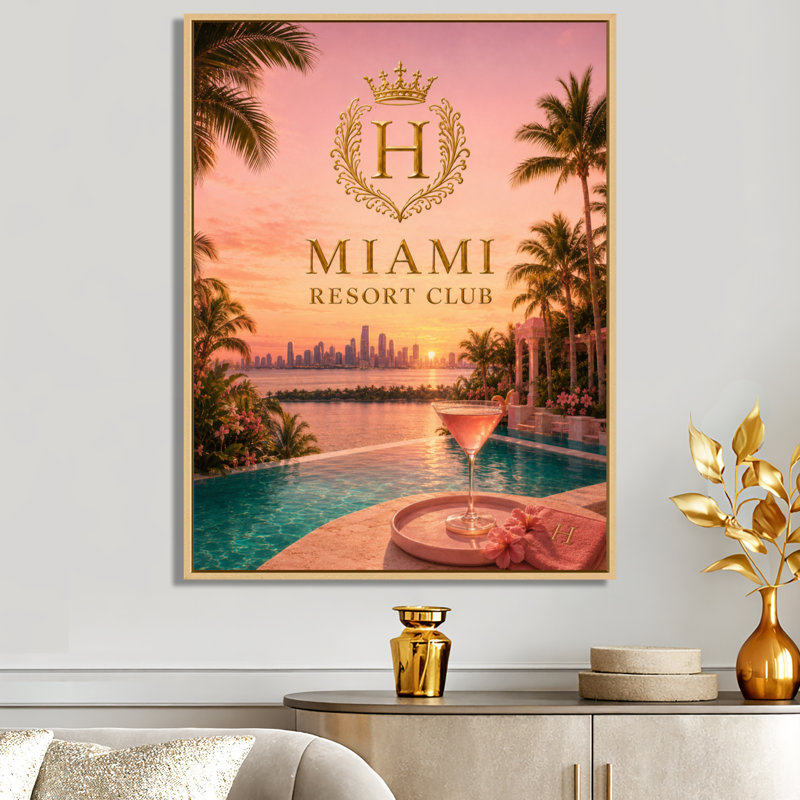Miami Resort Club Sunset - Décoration murale glamour sur toile, H 44 po x l 34 po, Cadre naturel flottant