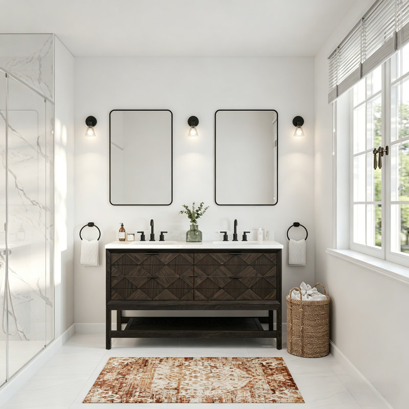 Meuble-lavabo autoportant en bois massif brun foncé 60 po avec plateau en marbre d'ingénierie 60 po, Dark Brown Oak