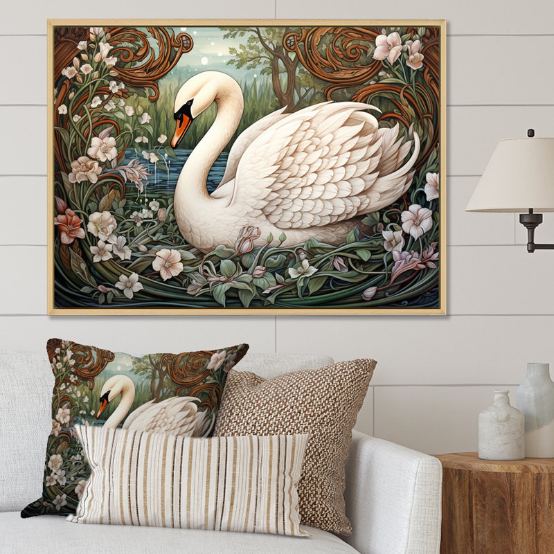 Cygnes majestueux, horizon sur toile, Cadre flottant blanc, H 16 po x l 32 po x P 1 po