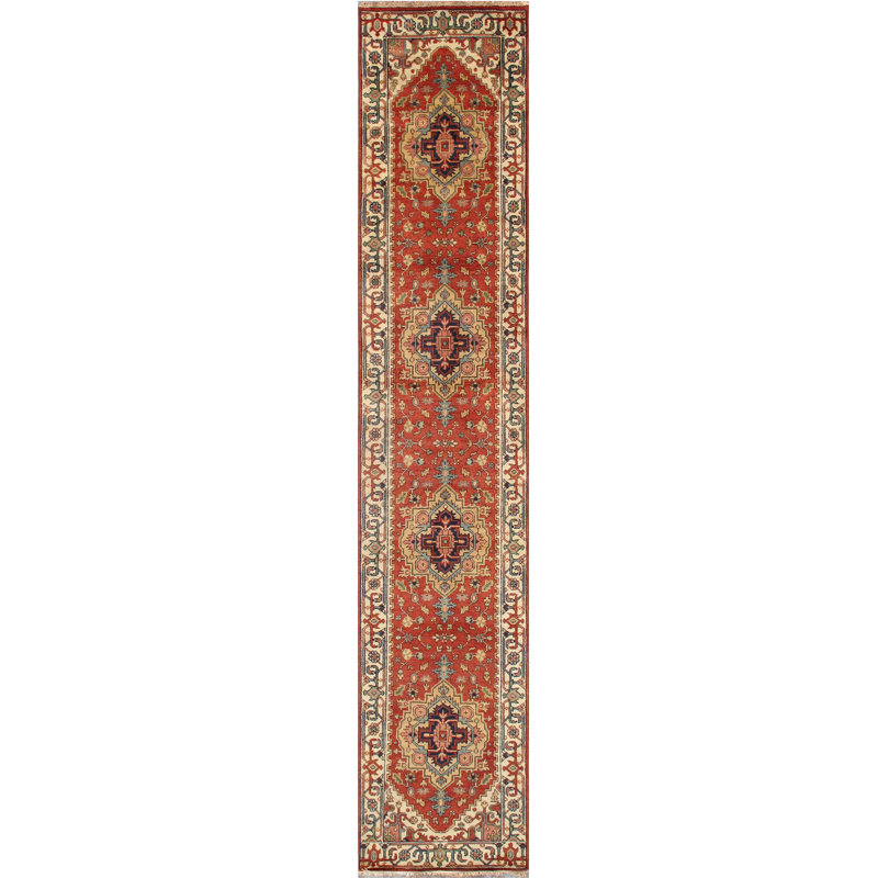Tapis oriental rouge en laine noué à la main Serapi, Carré 6 pi, Rouge / bleu marine / crème