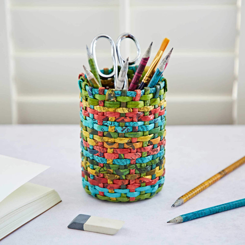 Round Recycled Newspaper Pencil Holder, Blue/Green/Yellow/Red