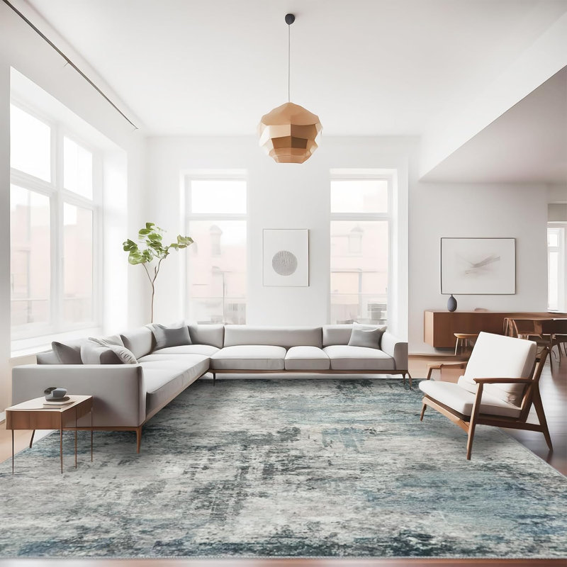 Washable Area Rug - Living Room Large Abstract Area Rug Soft Indoor Low Pile Carpet for Bedroom, Dining Room Non-Slip Backing Stain Resistant Distressed Decor Washable Mat Blue