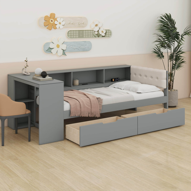 Lit plateforme en bois avec tablettes et tiroirs de rangement, cadre de lit plateforme avec station de charge et tête de lit tapissier