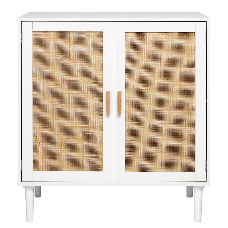 White and Natural Rattan 2-Door Sideboard Buffet Cabinet
