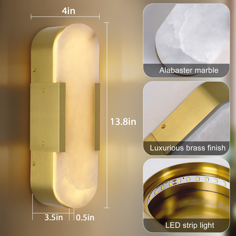 Dimmable Led Gold Wall Mounted Sconce With Alabaster Shade, 13.8" H x 4" W x 0.5" D
