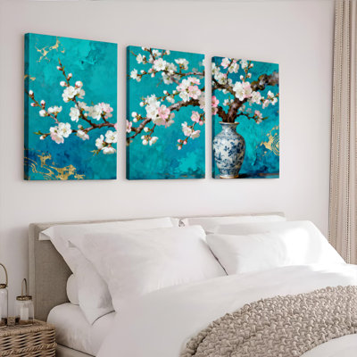 Cherry Blossom Branches with Blue Vase Canvas Wrapped Wall Art Oil Painting Print Set of 3