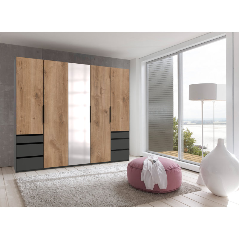Guardino 5 Door Wardrobe, 216cm H x 250cm W x 58cm D, Plank Oak/Graphite