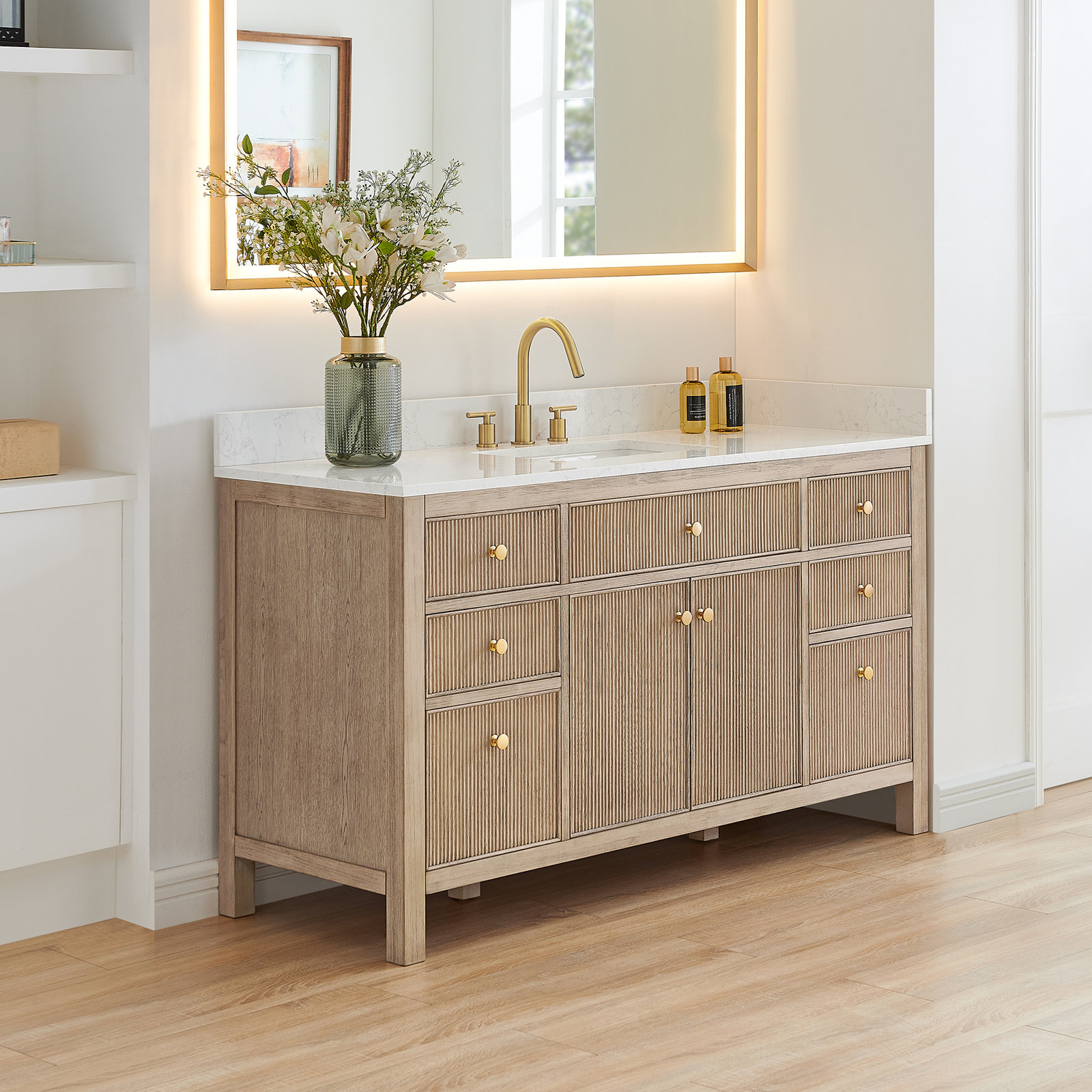 Lala 60" Single Bathroom Vanity with Grain White Engineered Stone Countertop without Mirror, Nature Oak