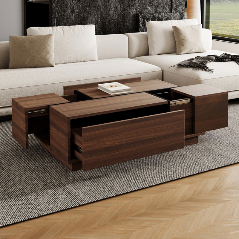 Table basse rectangulaire à plateau coulissant avec 2 tiroirs et 2 rangements cachés pour le salon 47,2 po, Noyer