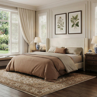 Structure de lit très grand avec tête de lit à oreilles, cadre de lit tapissier en velours avec lattes de bois, aucun sommier requis, assemblage facile, beige