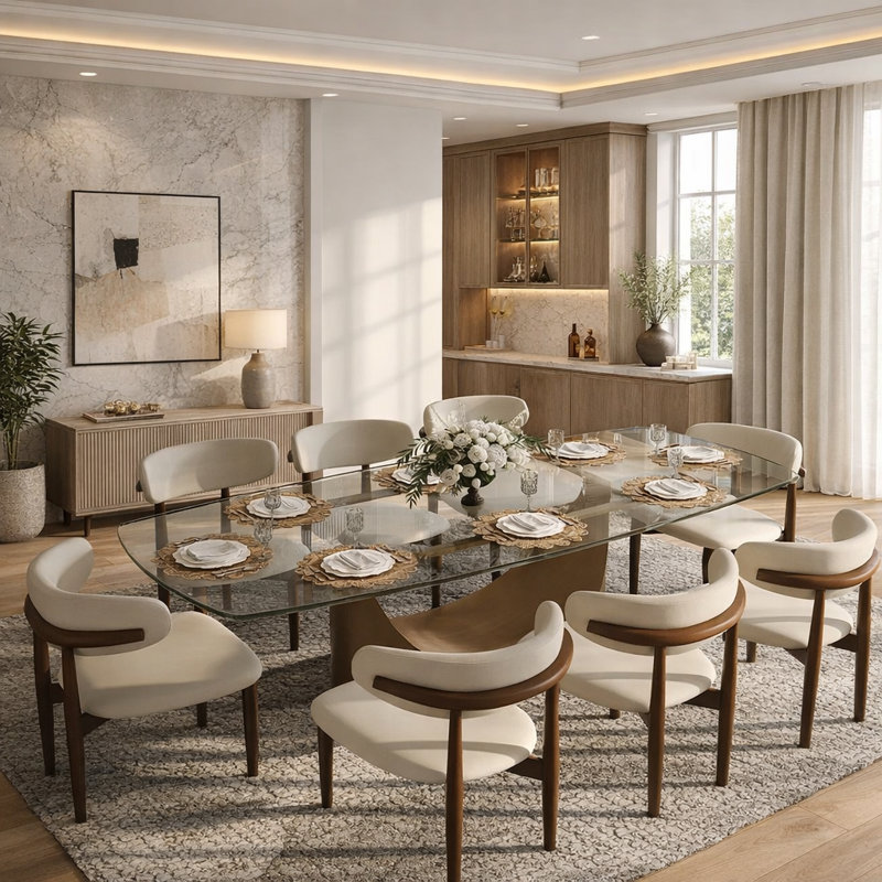 Table de salle à manger moderne en verre avec base en piédestal, Transparent/bronze, H 30,70 po x L 93,7 po x l 39,76 po