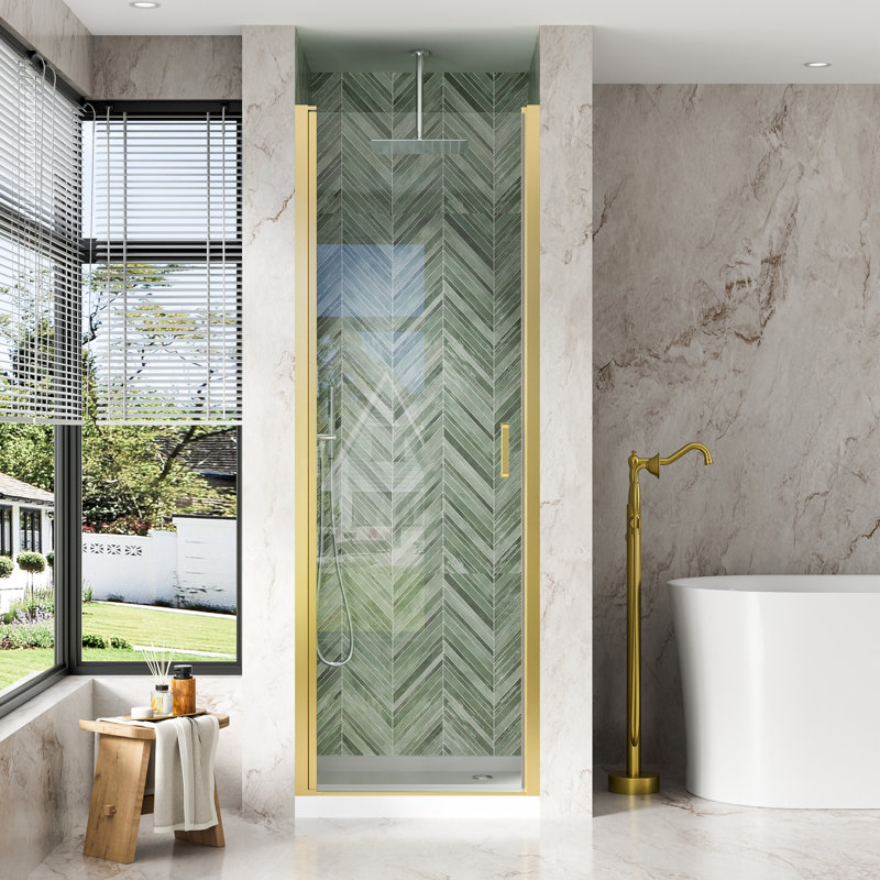 28"x 72" H Semi-Frameless Pivot Shower Door with  1/4 inch(6mm) Clear Tempered Glass And Handle,Brushed Gold, Brushed Gold