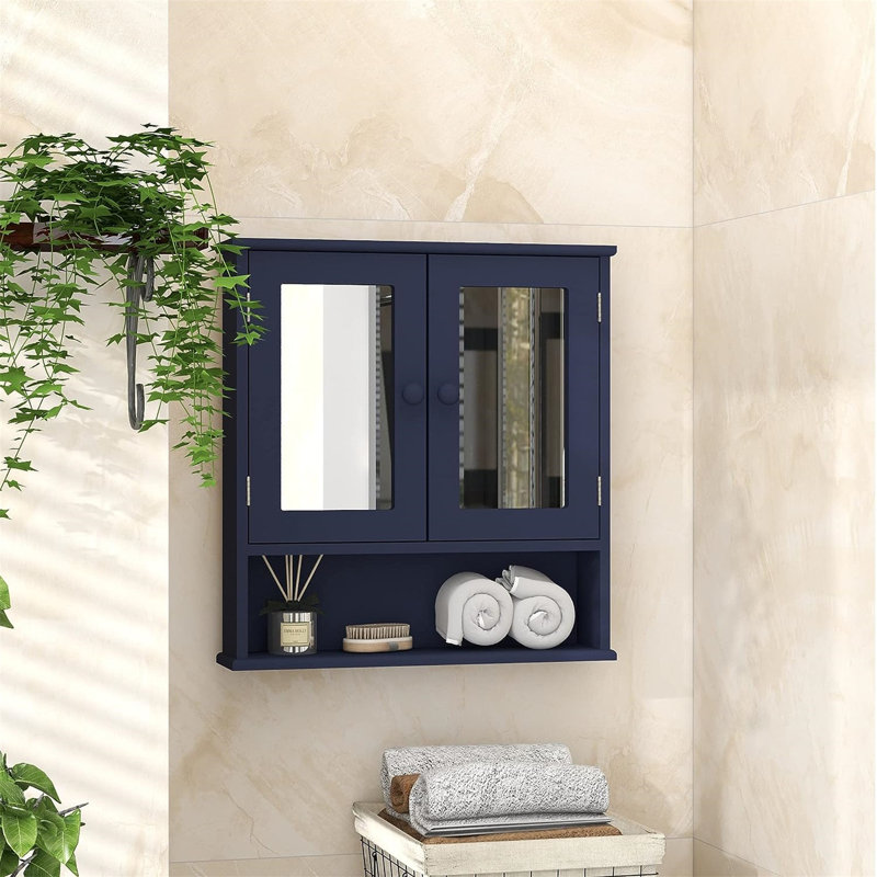Armoire de rangement murale en bois avec miroir, Bleu