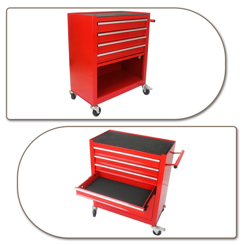 Steel Frame Tool Cabinet with Side Handle and Storage Drawers, Red