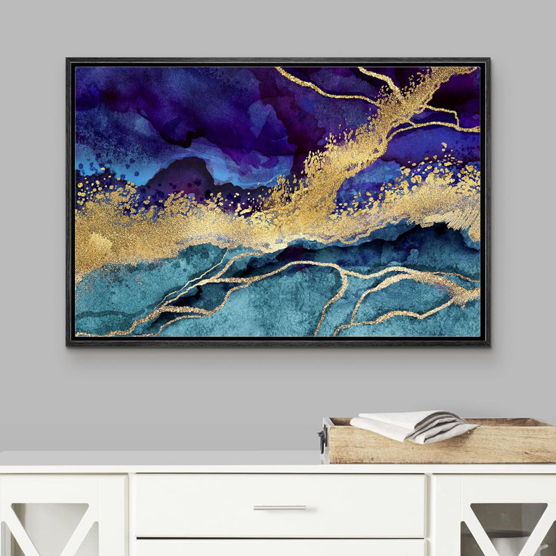 Mauve, or, sarcelle, marbre, paysage, formes abstraites, moderne, sur toile, H 16 po x l 24 po x P 1,5 po