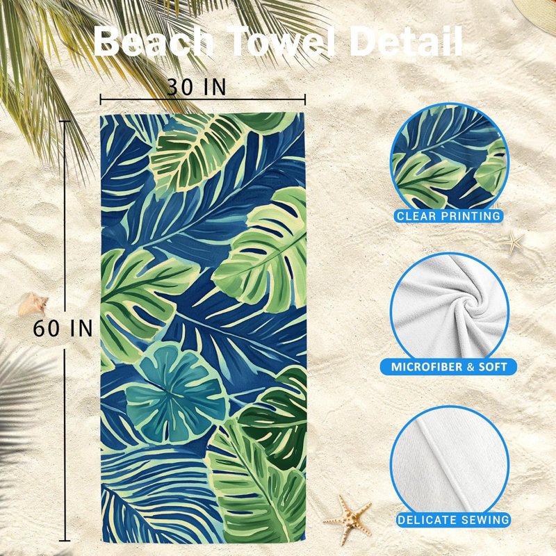 Tropical Monstera Leaf Beach Towel, Tropical Palm Floral Beach Towels Oversized Gifts for Women Men, Blue and Green Quick Dry Travel Sand Free Towel Decor for Bathroom Swimming Pool 30x63in