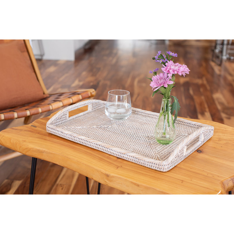 Plateau rectangulaire avec insert en verre, Blanc délavé, H 1 po x l 17 po x P 12 po, Ensemble de verres