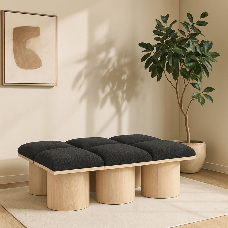 Banc rembourré Horatia, Tissu bouclé noir, Naturel, H 17,5 po x l 46,5 po x P 36 po