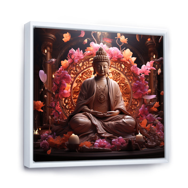 Art bouddhiste indien rose et doré, Cadre flottant blanc, H 36 po x l 36 po x P 1,5 po