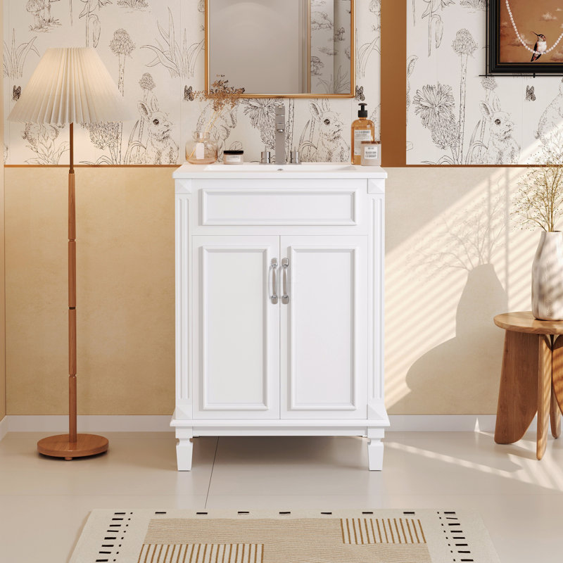 Meuble-lavabo 24 po avec lavabo supérieur, armoire de rangement moderne avec 2 portes à fermeture douce et tablette réglable, structure en bois massif