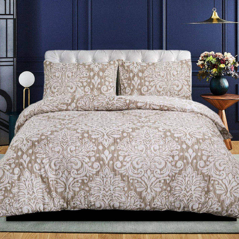 Cotton Blend Duvet Cover Set with Pillowcases, Kingsize Duvet Cover Set + 2 Standard Pillowcases, Beige Damask
