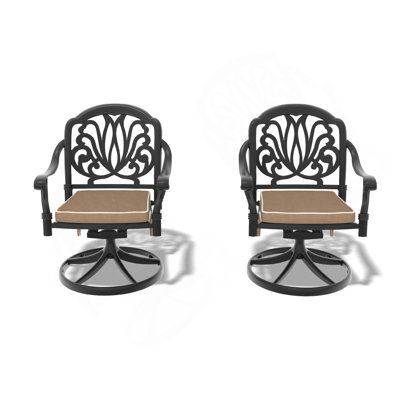 Cast Aluminum Patio Swivel Chair 2PCS With Black Frame And Brown Cushions