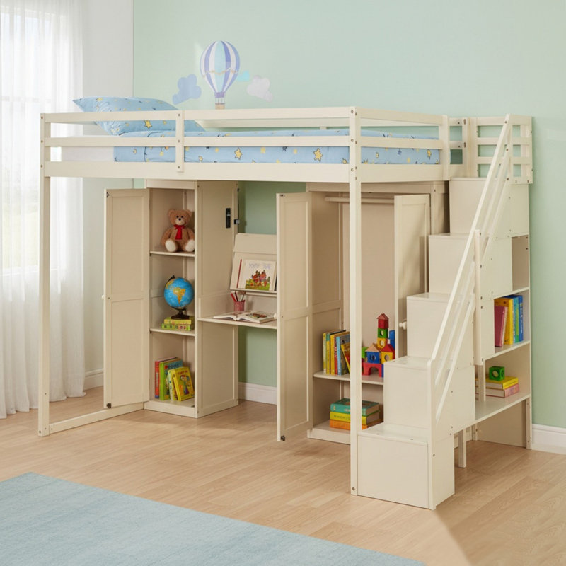 Solid Wood Full Size Loft Bed with Storage Staircase, Built-In Dressing Table with Mirror and USB Charging Ports for Bedroom