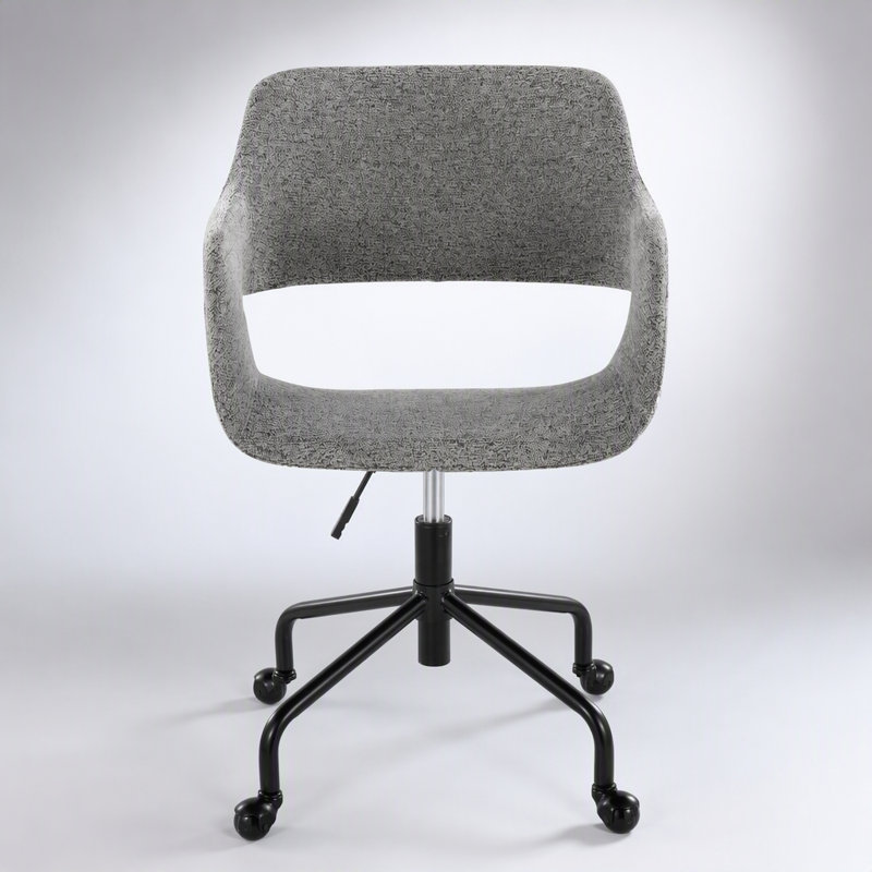 Chaise de bureau contemporaine réglable en métal noir et tissu gris, conçue de manière ergonomique pour un confort et un style optimaux.