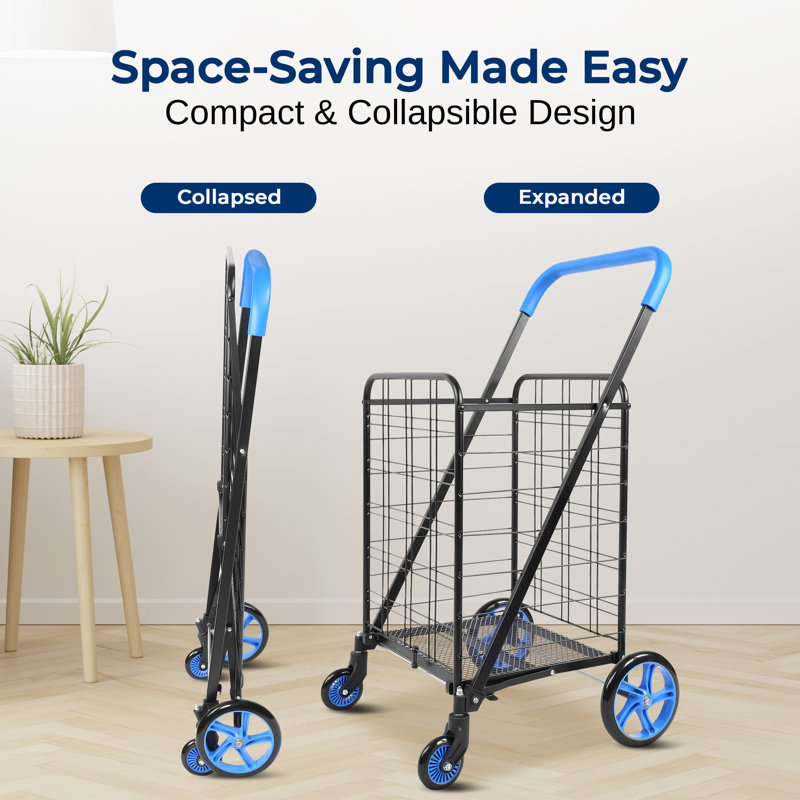 Black and Blue Alloy Steel Folding Utility Cart with Swivel Wheels