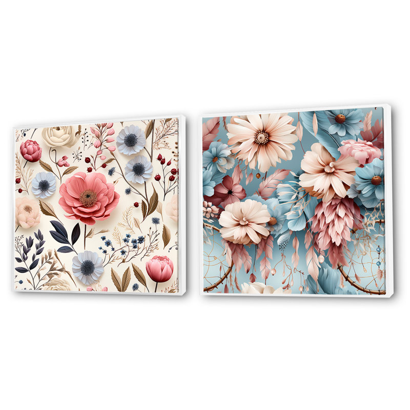 Arda - Ensemble de 2 collages carrés floraux, H 16 po x l 33 po, Cadre flottant blanc