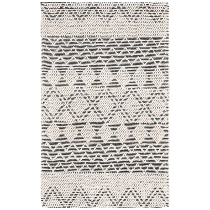 Caesare Hand Tufted Wool/Cotton Geometric Rug in Black/Ivory, Rectangle 3' x 5'