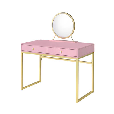 Rectangular Vanity Desk With Pink & Gold Color, Crystal Handle, Metal Frame, Removeable Mirror, Jewelry Tray, 2 Drawers, And Materials Title