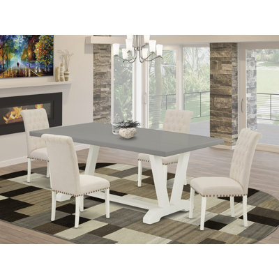 Ensemble de salle à manger 5 pièces composé d'une table de cuisine en ciment et de 4 chaises rembourrées en tissu de lin beige clair avec dossier capitonné - Lin brossé blanc