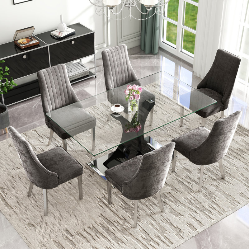 Ensemble de salle à manger moderne à piédestal rectangulaire avec chaise Chenin Dininig, Gris, 7, Noir
