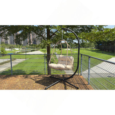 Swing Egg Chair With Stand Indoor Outdoor Wicker Rattan Patio Basket Hanging Chair With C Type Bracket , With Cushion And Pillow,Patio Wicker Folding Hanging Chair( Special Construction Cup Holder