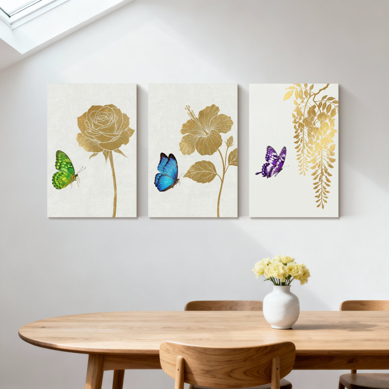 Plantes et fleurs, rose dorée avec fleur d'hibiscus papillon vert et vigne de glycine papillon bleu avec papillon mauve, ensemble de 3 impressions sur toile
