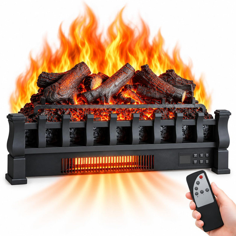 26" Electric Fireplace Log Insert, 1500W Heater with Remote and LED Flame