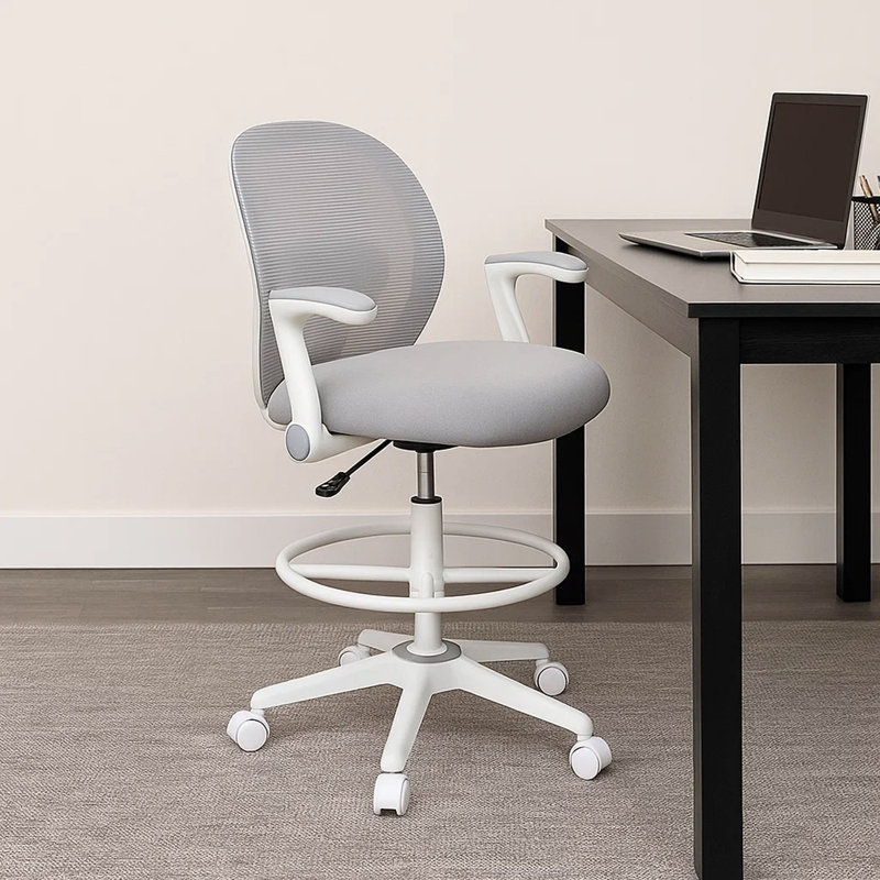 Swivel Office Stool, Flip-Up Arms And White Footring, Gray Mesh Back