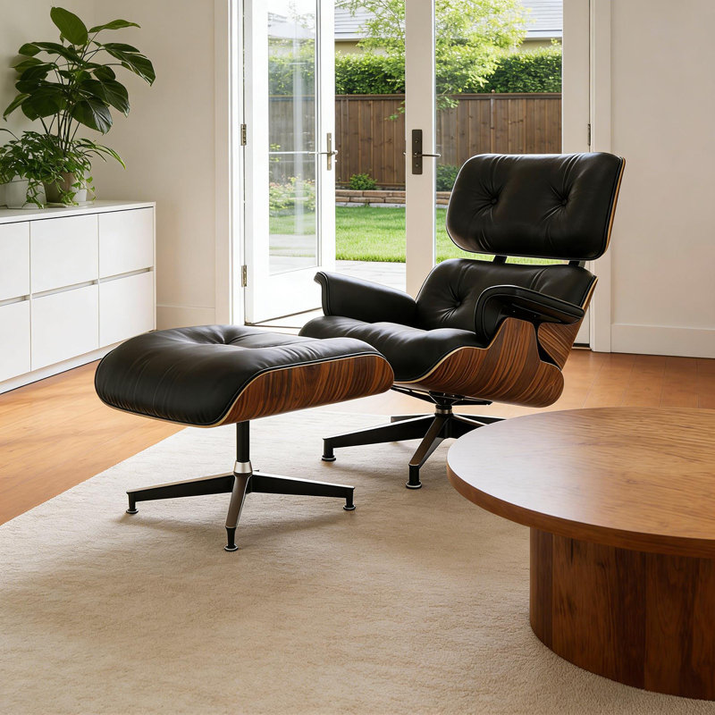 Chaise longue en cuir avec repose-pieds, structure en bois massif, base en alliage d'aluminium, Orangewood / noir