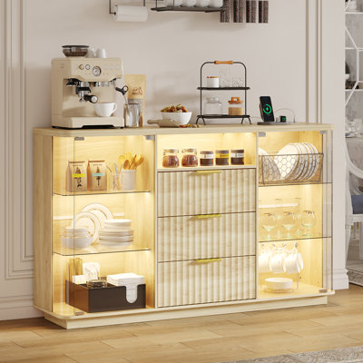 53''W Glass Sideboard Cabinet with LED Lights, Fluted Buffet Cabinet, 3-Drawer TV Stand